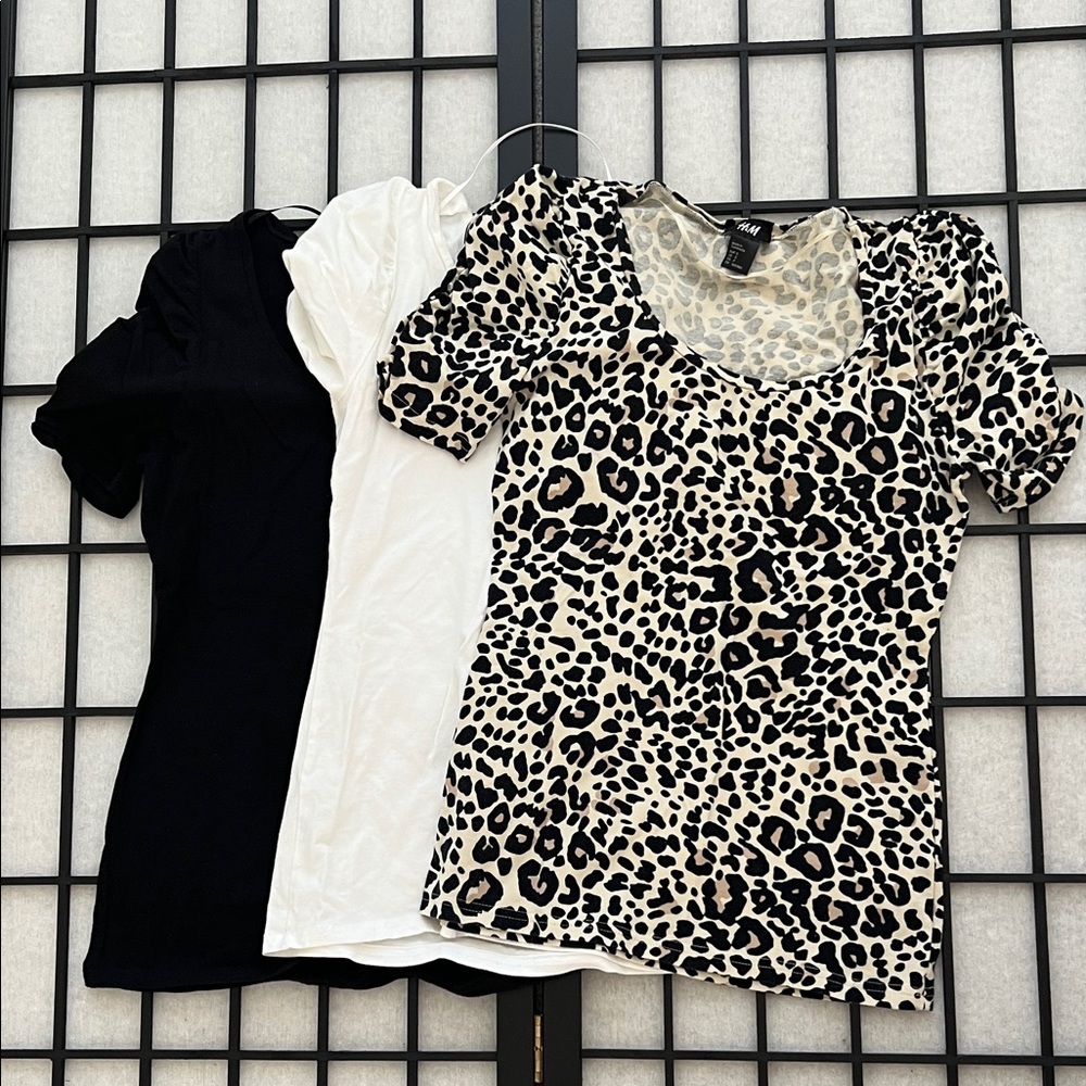 H&M Black, White, and Leopard Print Short Sleeve Tops
